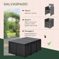 Set 11 PZ Mobili da Giardino in Rattan da Esterno con Tavolo in Vetro Temperato e Cuscini, Set da Pranzo, Nero