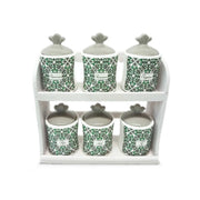 Set 6 Barattoli Contenitori Spezie in Ceramica Decoro Agadir + Mensola