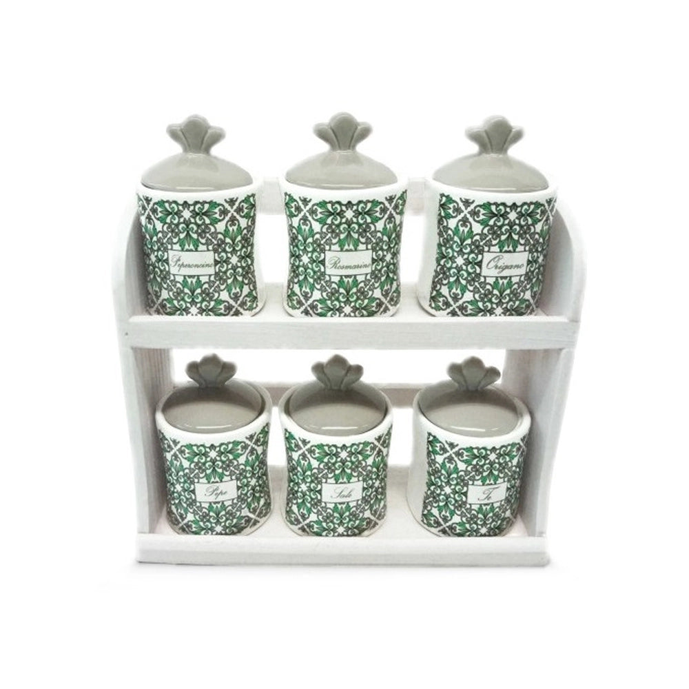 Set 6 Barattoli Contenitori Spezie in Ceramica Decoro Agadir + Mensola