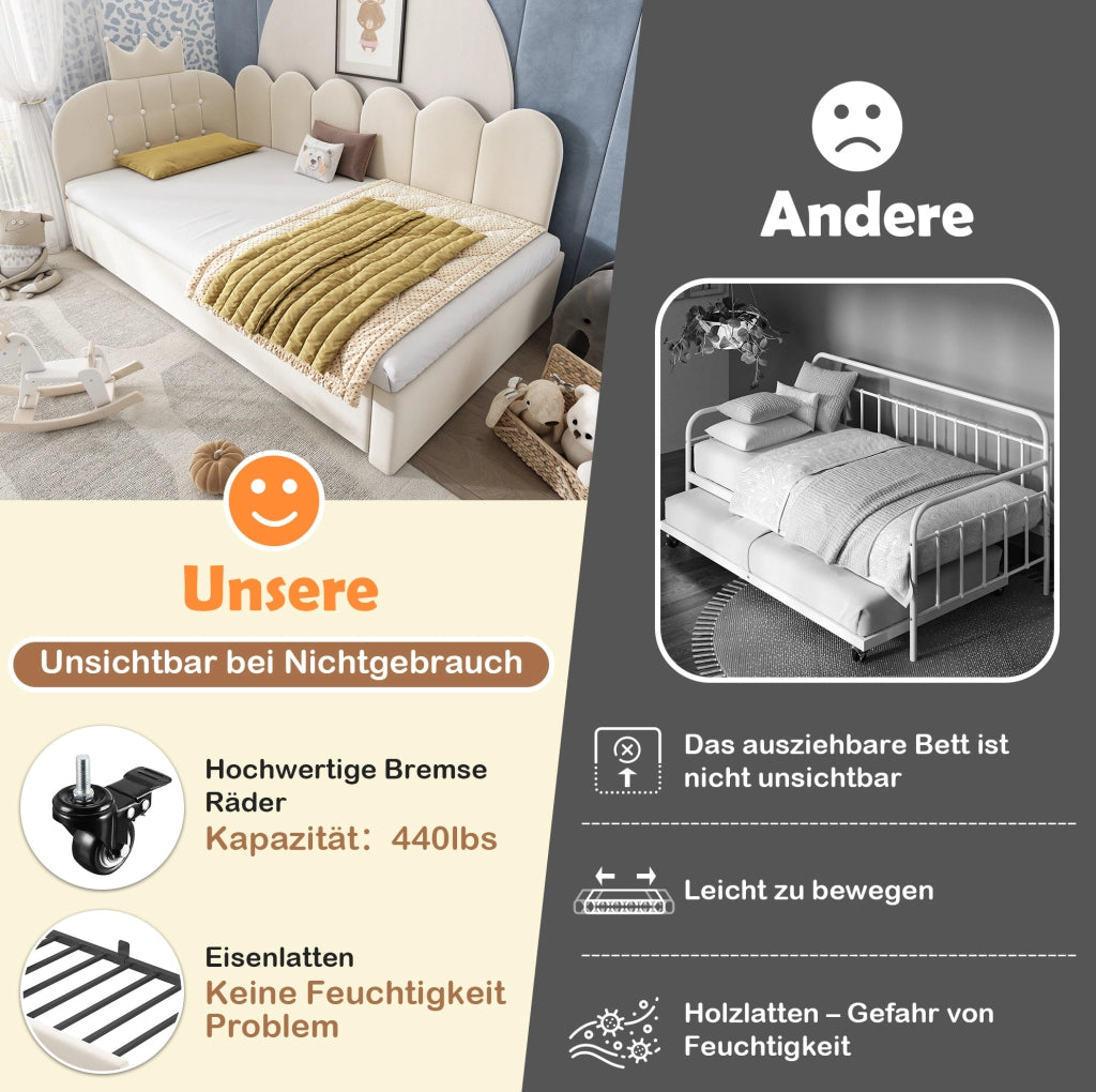 Letto singolo imbottito 90x200 cm con letto estraibile beige