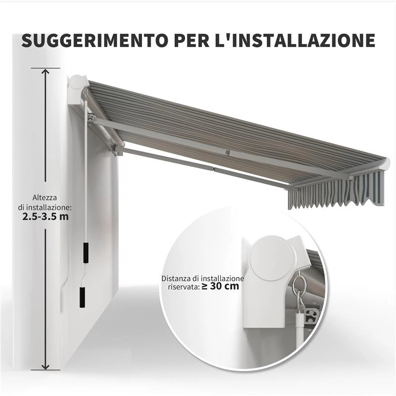TENDA DA SOLE A BRACCI AVVOLGIBILE A MANOVELLA IN METALLO E ALLUMINIO 4X2.5M VERDE E BIANCO