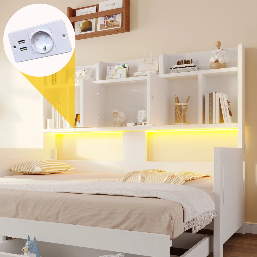 Divano letto estraibile in legno 90x190 cm; con cassetti; vani contenitore e LED; bianco