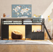 Letto a soppalco basso 208x98x104.5 cm con sponde di sicurezza; LED; metallo; nero