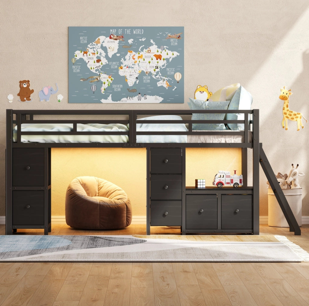 Letto a soppalco basso 208x98x104.5 cm con sponde di sicurezza; LED; metallo; nero