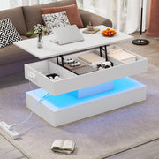Tavolino basso sollevabile con LED e vano contenitore in pannello truciolare bianco con prese EU 100 × 50 × 42 cm