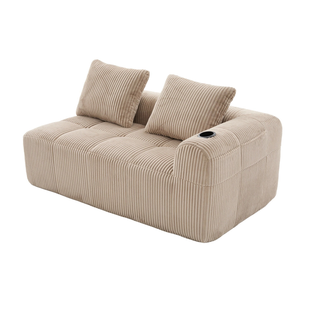 Divano a 2 posti in corduroy con tasche laterali e portabicchieri, schiuma ad alta densità e molle, khaki