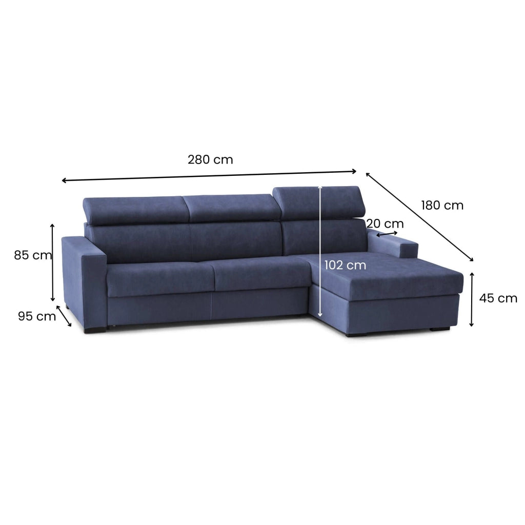 Divano Letto Allevatore, Divano ad angolo, Made in Italy, SofÒ  con apertura girevole, con Penisola contenitore Destra, con Braccioli standard, cm 280x95h85, Blu