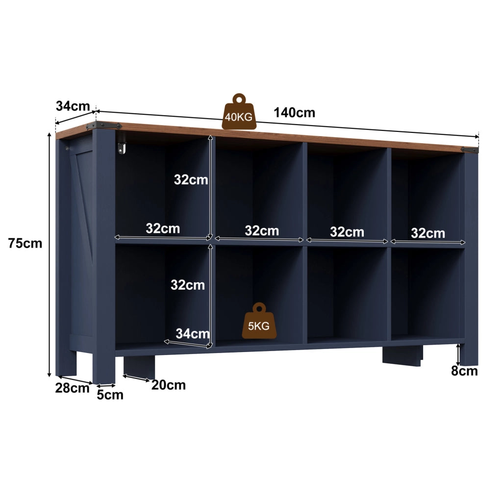 Libreria Orizzontale Blu in MDF a 8 Vani 140x34x75 cm