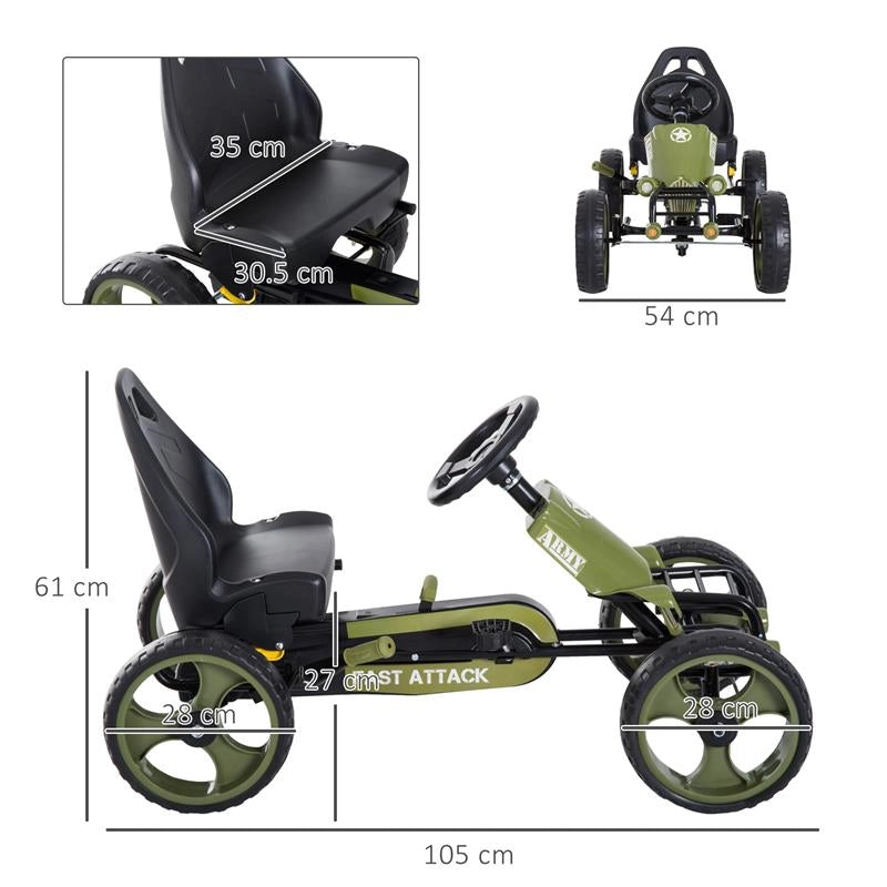 GO KART A PEDALI PER BAMBINI DA 3-6 ANNI CON SEDILE REGOLABILE E FRENO A MANO, VERDE