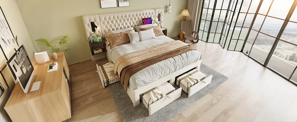 Letto matrimoniale imbottito con 2 comodini e 4 cassetti ¨C Minimal ¨C 180x200cm velluto beige testiera con led e USB