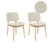 Set di 2 sedie da pranzo marrone chiaro e bianco sporco con struttura in legno di gomma e seduta bouclé, design retrò senza braccioli