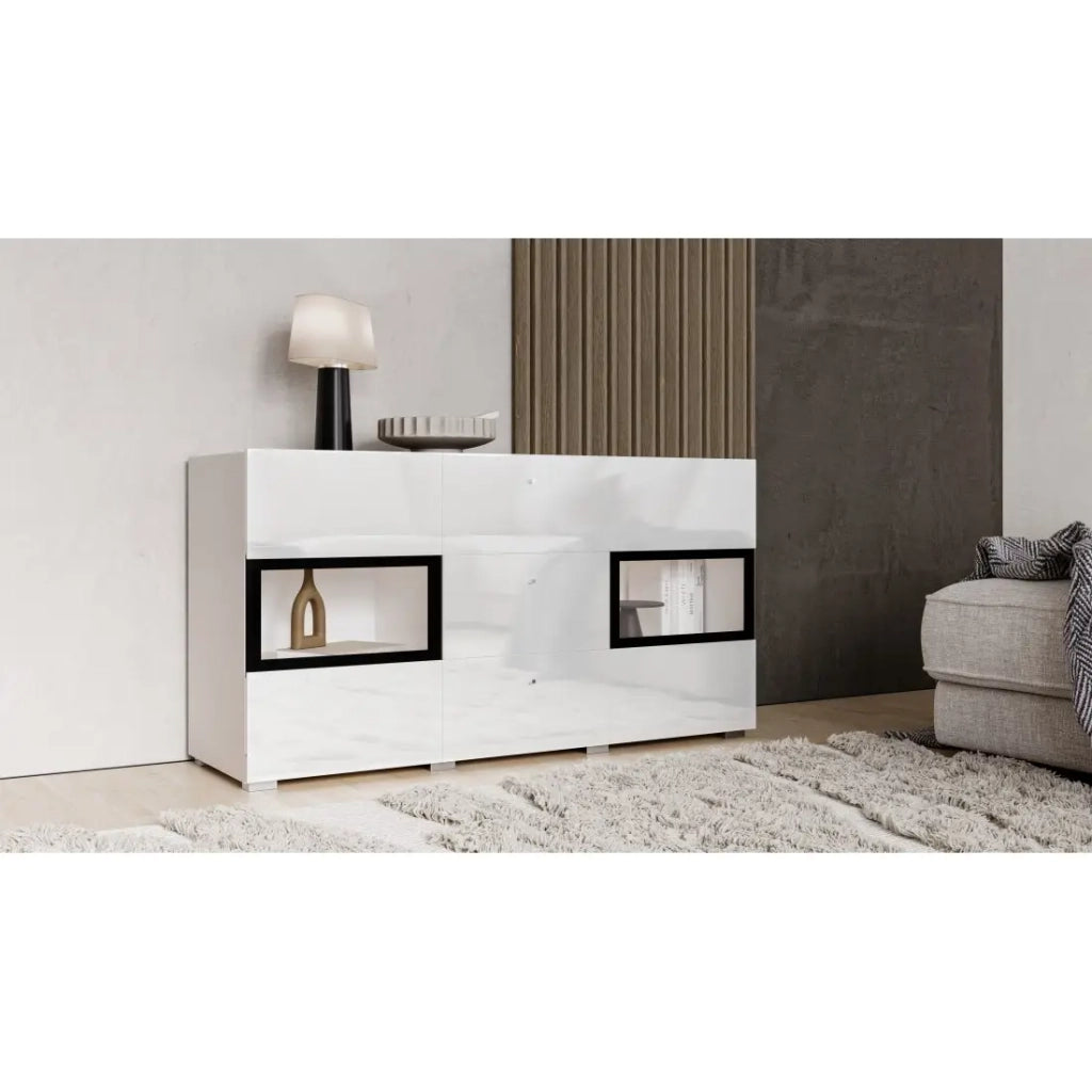Buffet RAMOS – 2 porte in vetro + 3 cassetti – Colori bianco lucido e nero – LED non inclusa