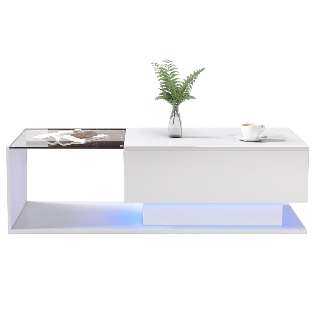 Tavolino da caff¨¨ bianco lucido 100x50x32 cm con piano in vetro, cassetto e illuminazione LED intelligente