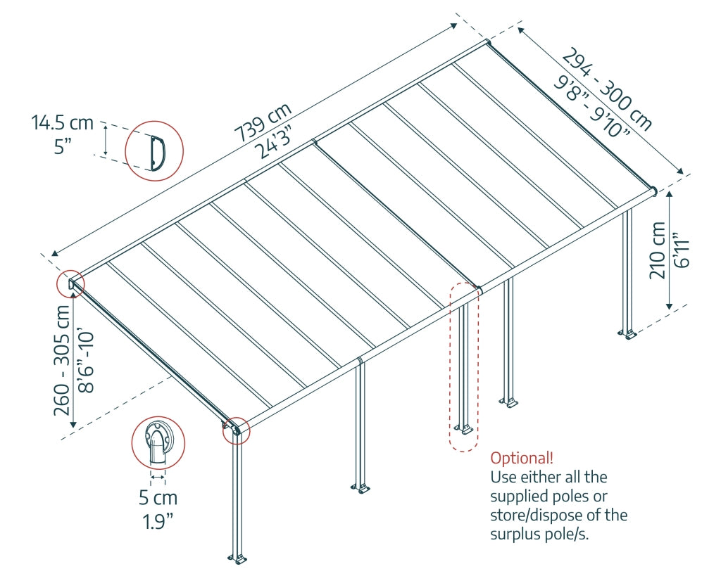 Pergola Addossata in Alluminio Olympia 3X7.4 m Grigio