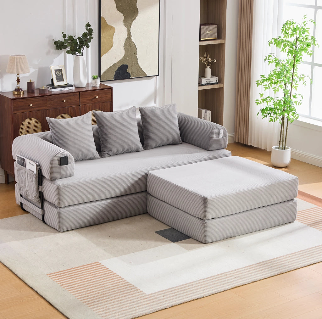 Divano modulare in velluto a coste grigio chiaro con pouf, cuscini e tasca laterale salvaspazio