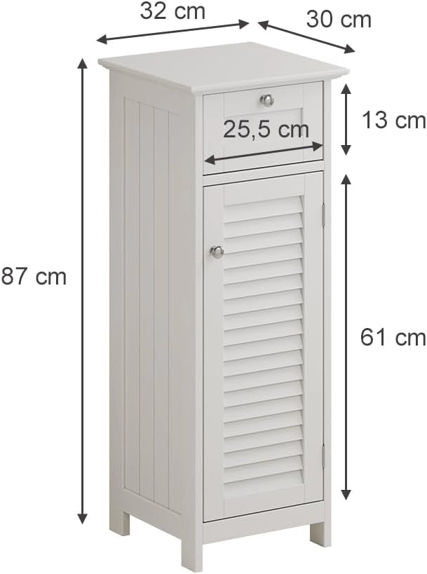 Mobiletto bagno Riad, Bianco, 32 x 87 cm con anta e cassetto, per montaggio a parete per riporre accessori da bagno