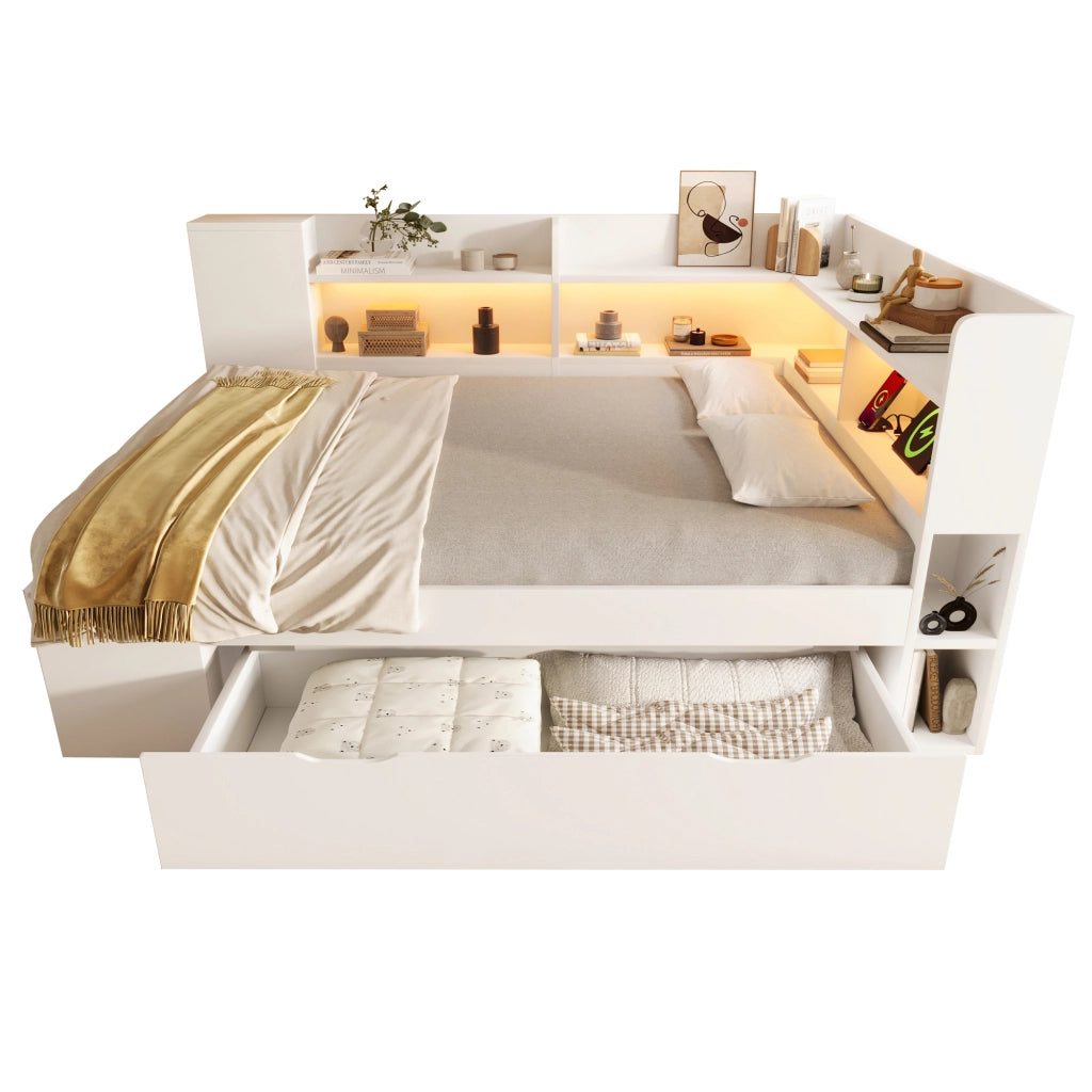 Letto a Divanetto 140x200 cm; USB; Type-C; LED Regolabile e Cassetti - in Legno - Bianco