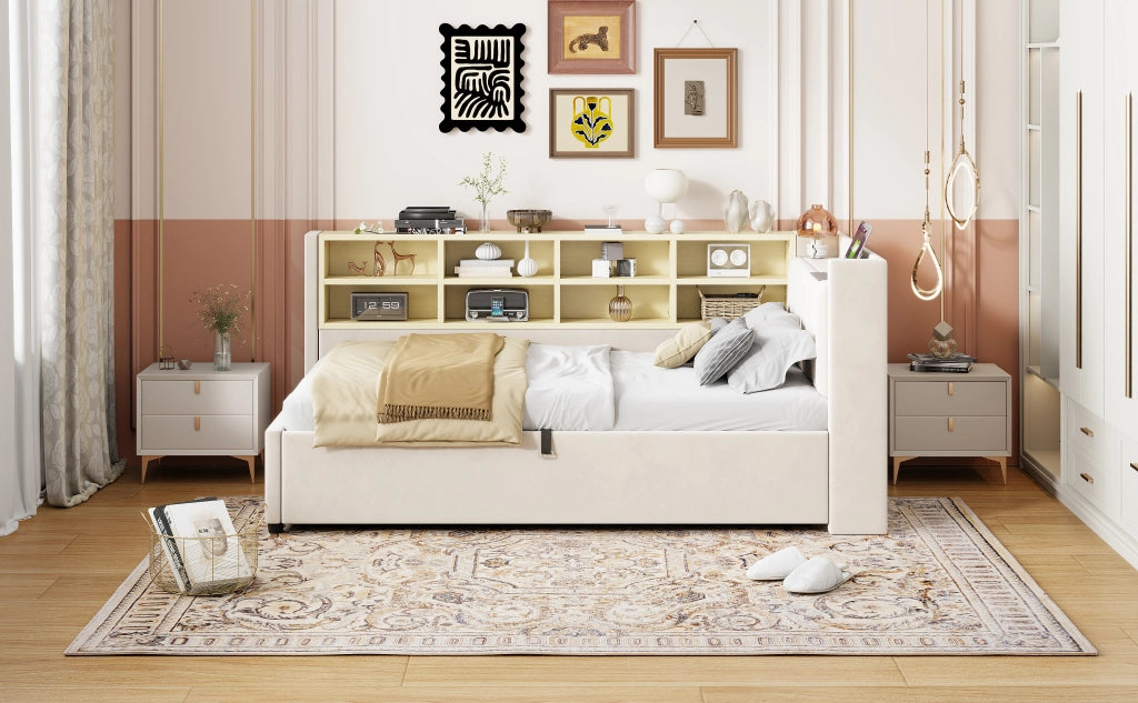 Letto imbottito con funzione divano letto in velluto beige 90x200 cm