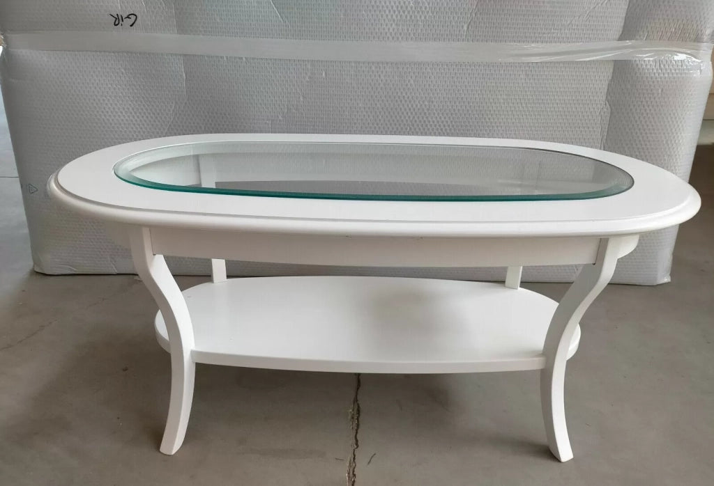 Tavolino classico ovale piano vetro shabby bianco l.110 p.60 h.48 - Mobili 2G