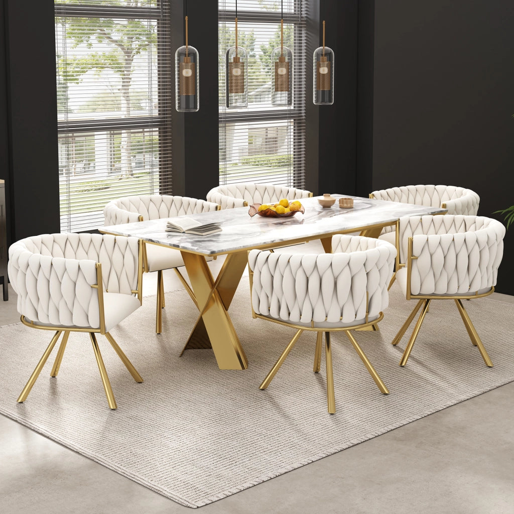 SEDIA Girevole 360° in Velluto Beige e Oro Set da 6 pezzi