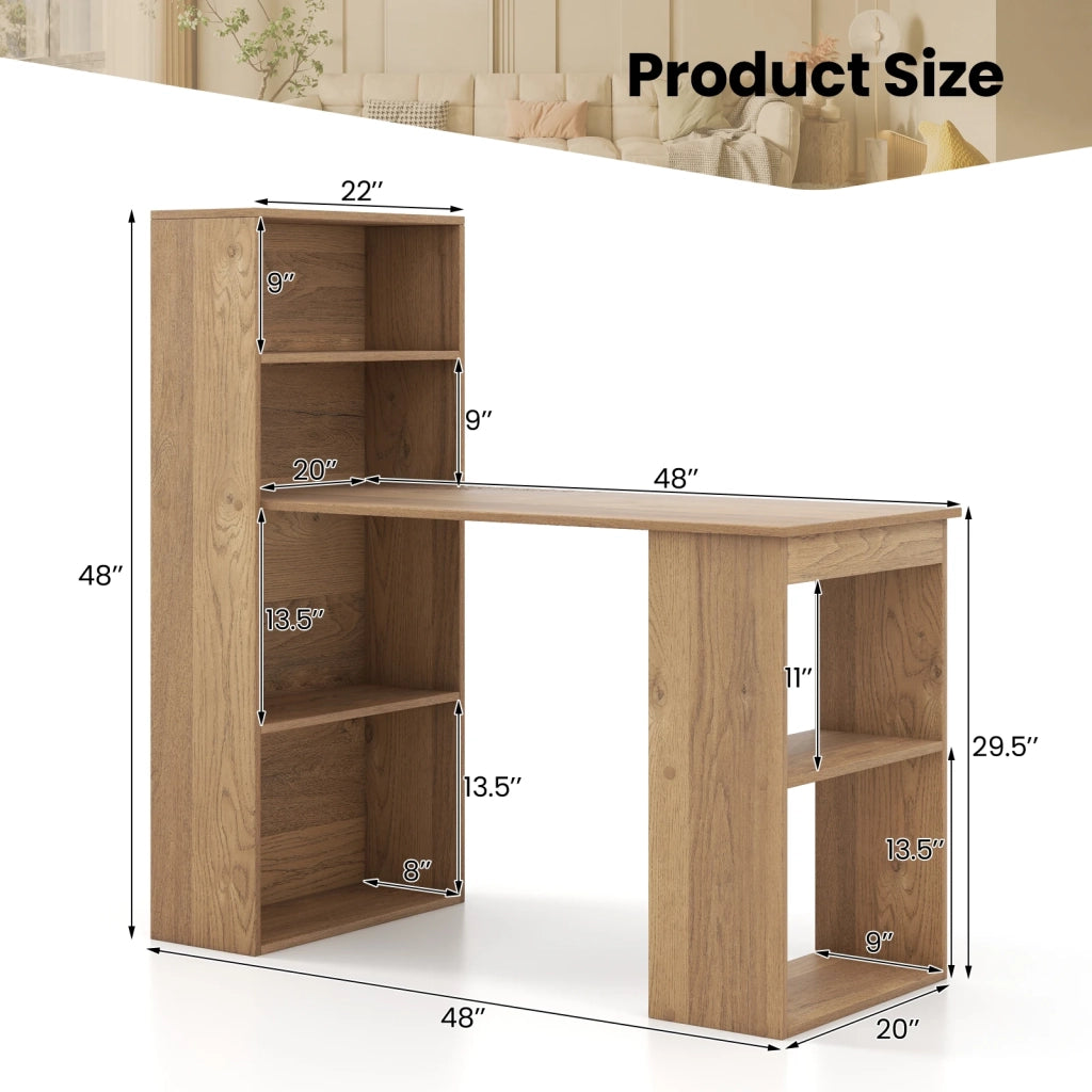 Scrivania per computer 48 Inch con libreria a 4 ripiani e supporto CPU, legno MDF colore naturale, salvaspazio per casa e ufficio