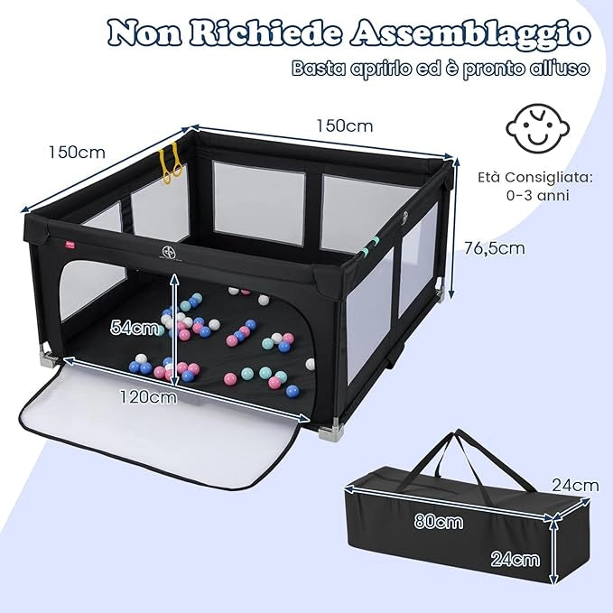 Box per Bambini 150 x 150 cm, Recinto per Bambini Pieghevole in Tessuto Oxford con Rete Traspirante, Box con Giochi che Include 50 Palline, 4 Pezzi Anelli e Borsa (Nero, 150 x 150 cm)