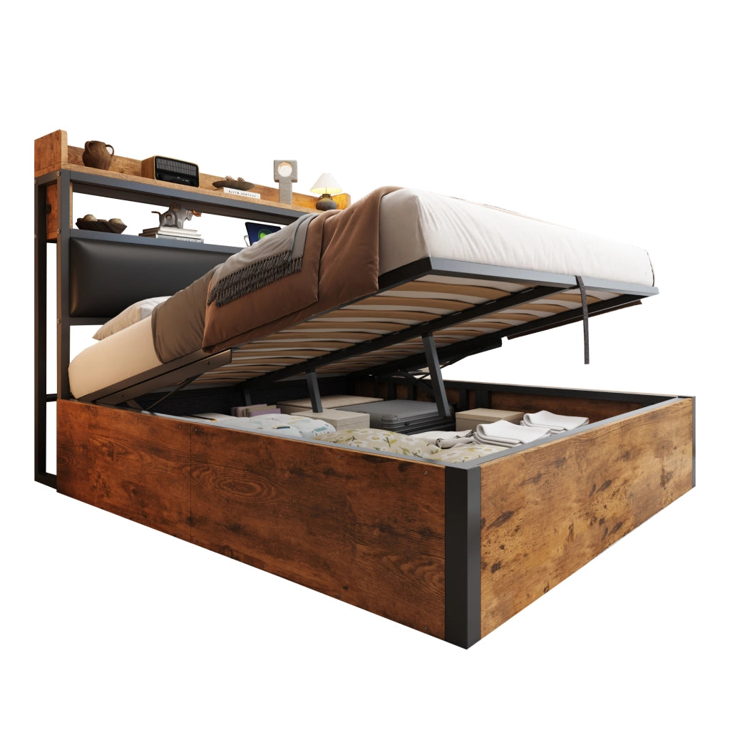 DESMIU Letto contenitore 180 × 200 cm 2 posti con USB e vano, senza materasso, in metallo e legno, nero
