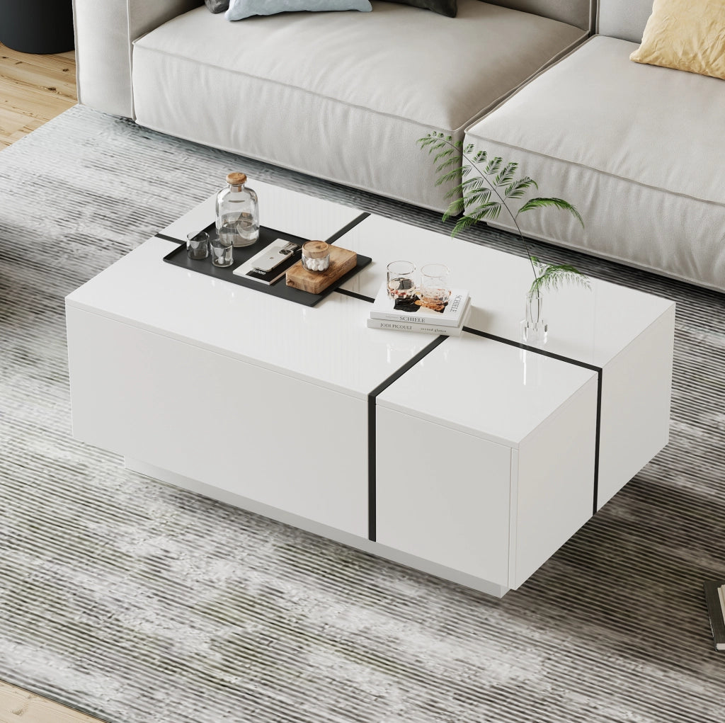 Tavolino da caffè moderno 100x60x40 cm in truciolare bianco e nero; 4 cassetti; piano lucido