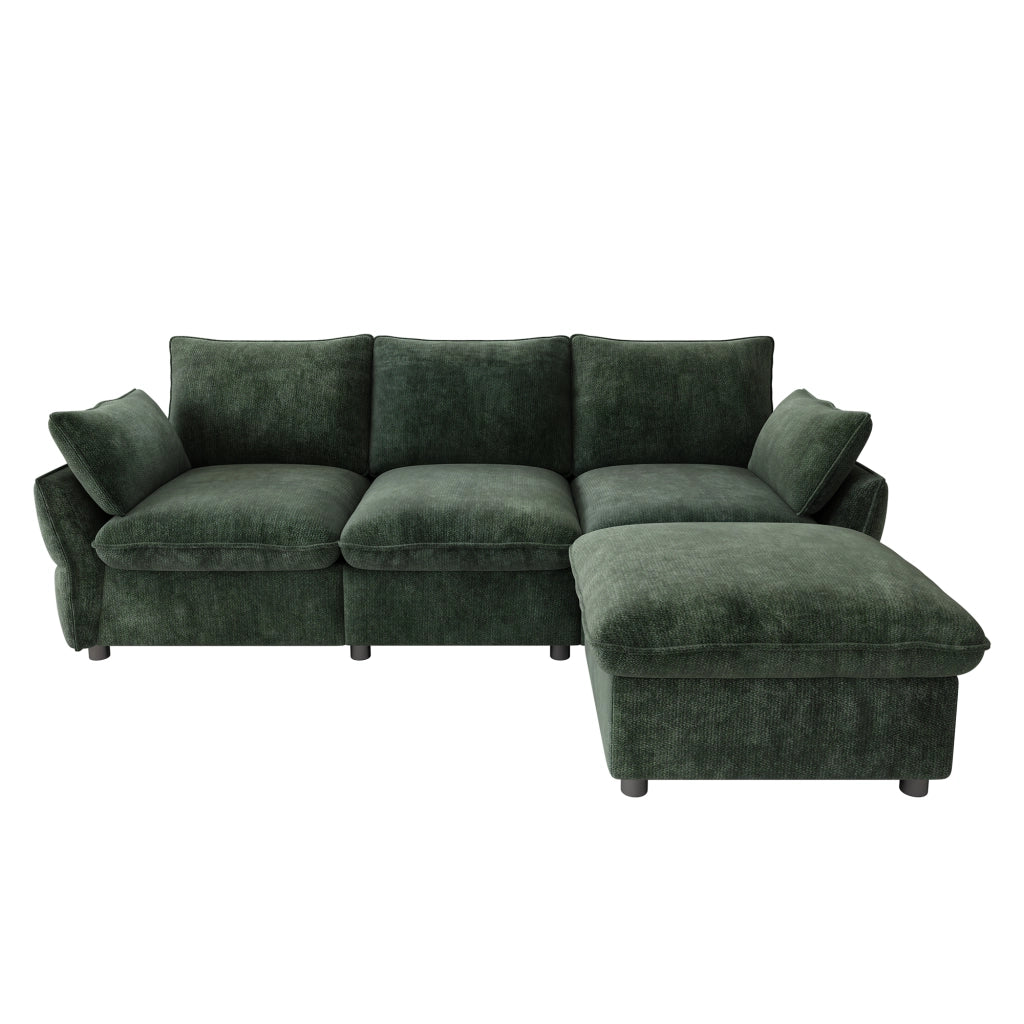 Divano angolare con pouf e 2 cuscini in ciniglia per soggiorno e appartamento verde scuro 222,5 × 154,5 × 76,5 cm