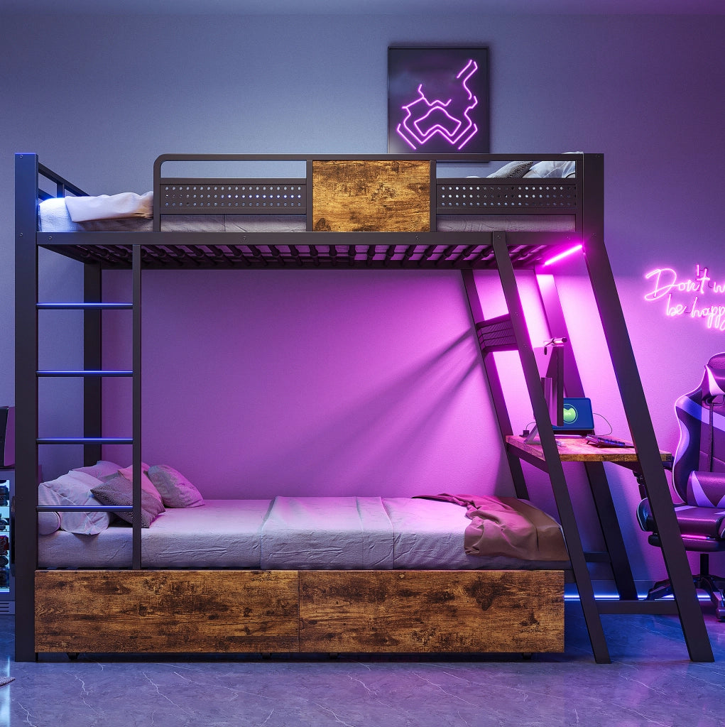 Letto a castello 90x200 cm con scrivania; LED e vani portaoggetti in metallo nero