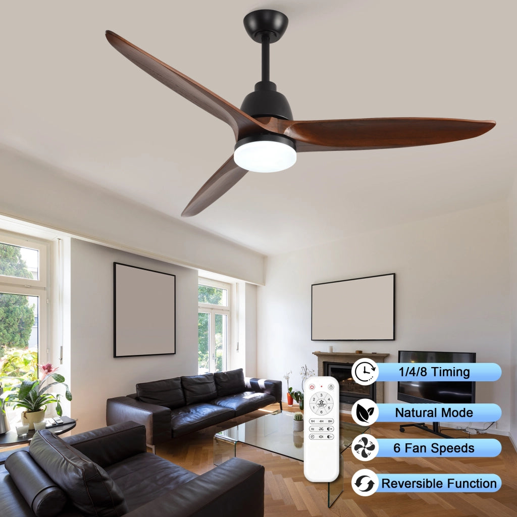 Ventilatore da soffitto 52 pollici con luce LED dimmerabile; telecomando e 3 pale in legno