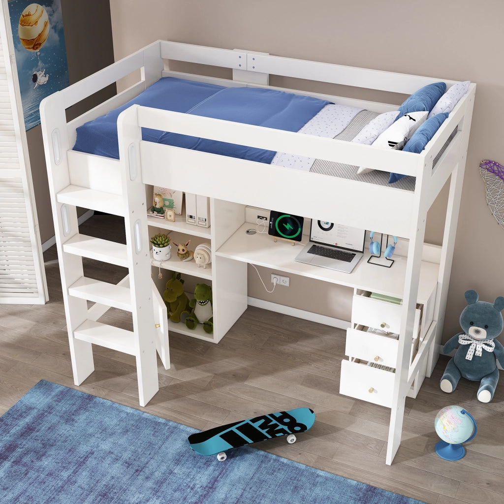 OKWISH Letto a soppalco 90×200 cm, Letto Singolo con Scrivania con USB e Tipo C, Armadio, Scaffali e Scala, senza Materasso, Bianco