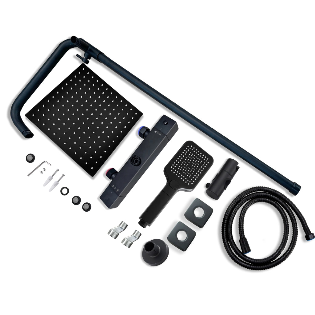 AICAIT Colonna doccia quadrata con soffione quadrato 30x30cm in acciaio inox nero, sistema doccia a 38℃ antiscottature