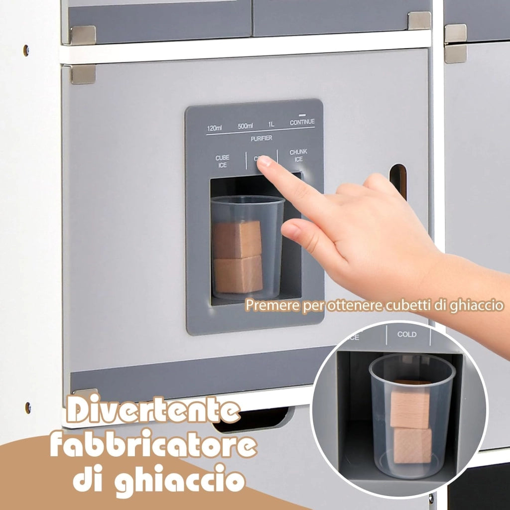 Cucina per Bambini in Legno con Funzione Luci e Suoni, Frigorifero, Macchina del Ghiaccio, Forno, Microonde, Lavello e Rubinetto, 3+ Anni