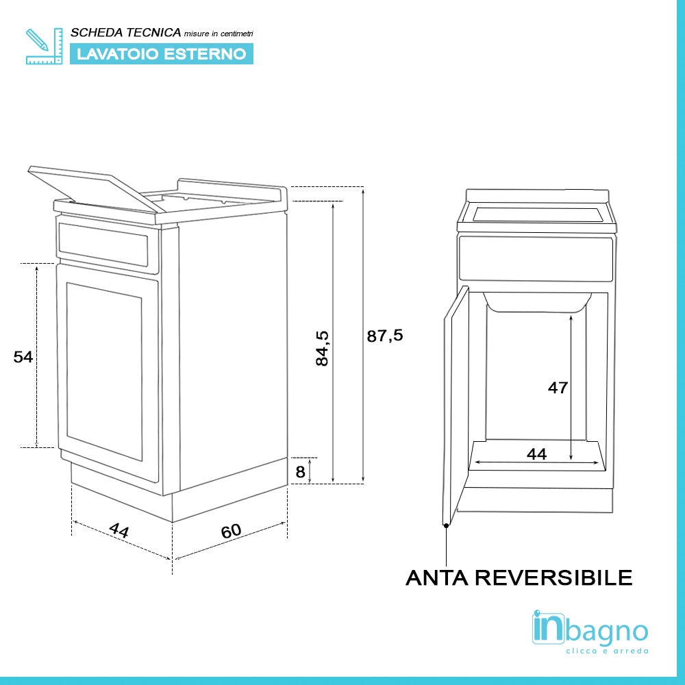 Mobile Lavatoio in Kit 45x60 cm con Vasca in Resina colore Bianco