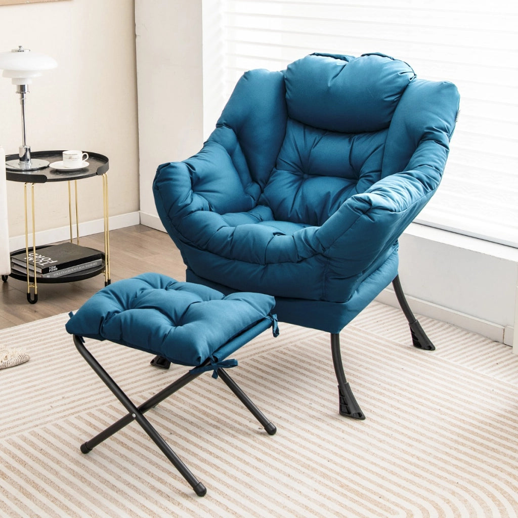 Poltrona pigra con cuscino braccioli tasca laterale poggiapiedi, Poltrona da lettura moderna Blu-Sedie e poltrone