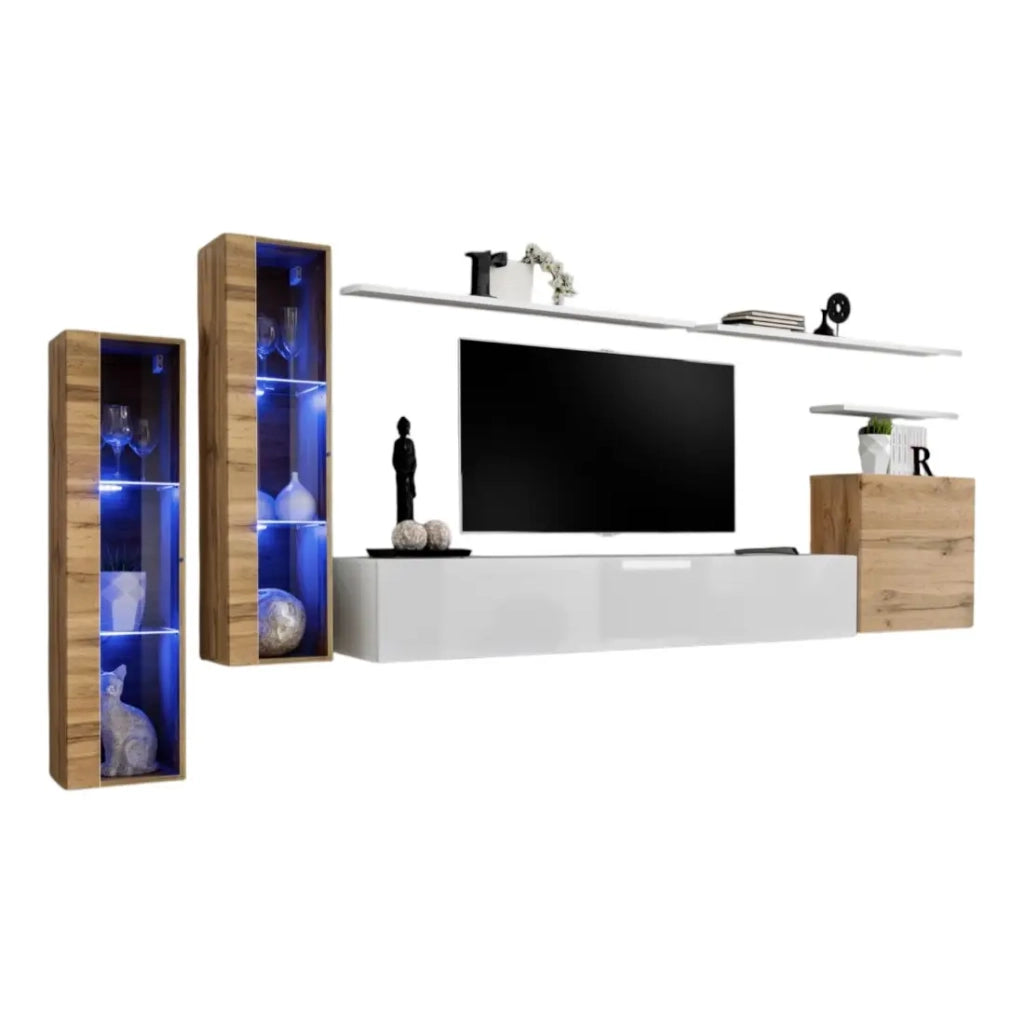 Set di mobili da soggiorno da parete SWITCH XI design, colore bianco lucido e quercia Wotan.