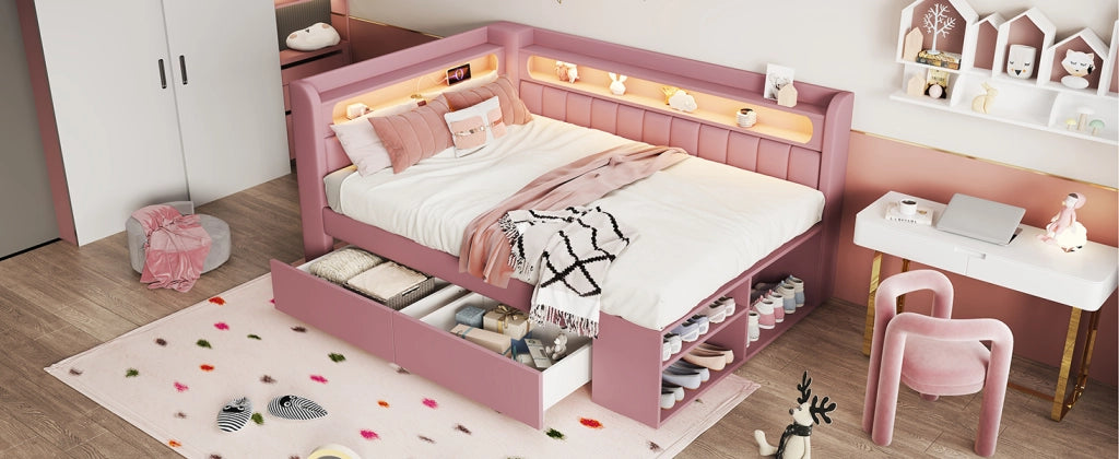 DESMIU Letto a divano 90 × 200 cm 1 posto con USB, LED, 2 cassetti, scarpiera, senza materasso, rosa