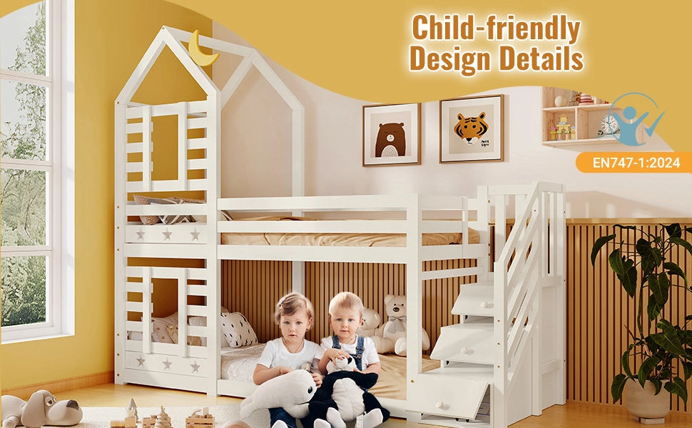 DESMIU Letto a castello per bambini 90 × 200 cm con cassetti, vano portaoggetti, senza materasso, in legno, bianco