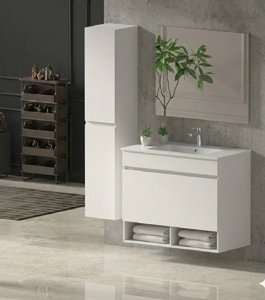 Mobile Bagno NEBARI Già Montato 1 cassetto, lavabo e specchio Bianco lucido 70x45 cm con colonna