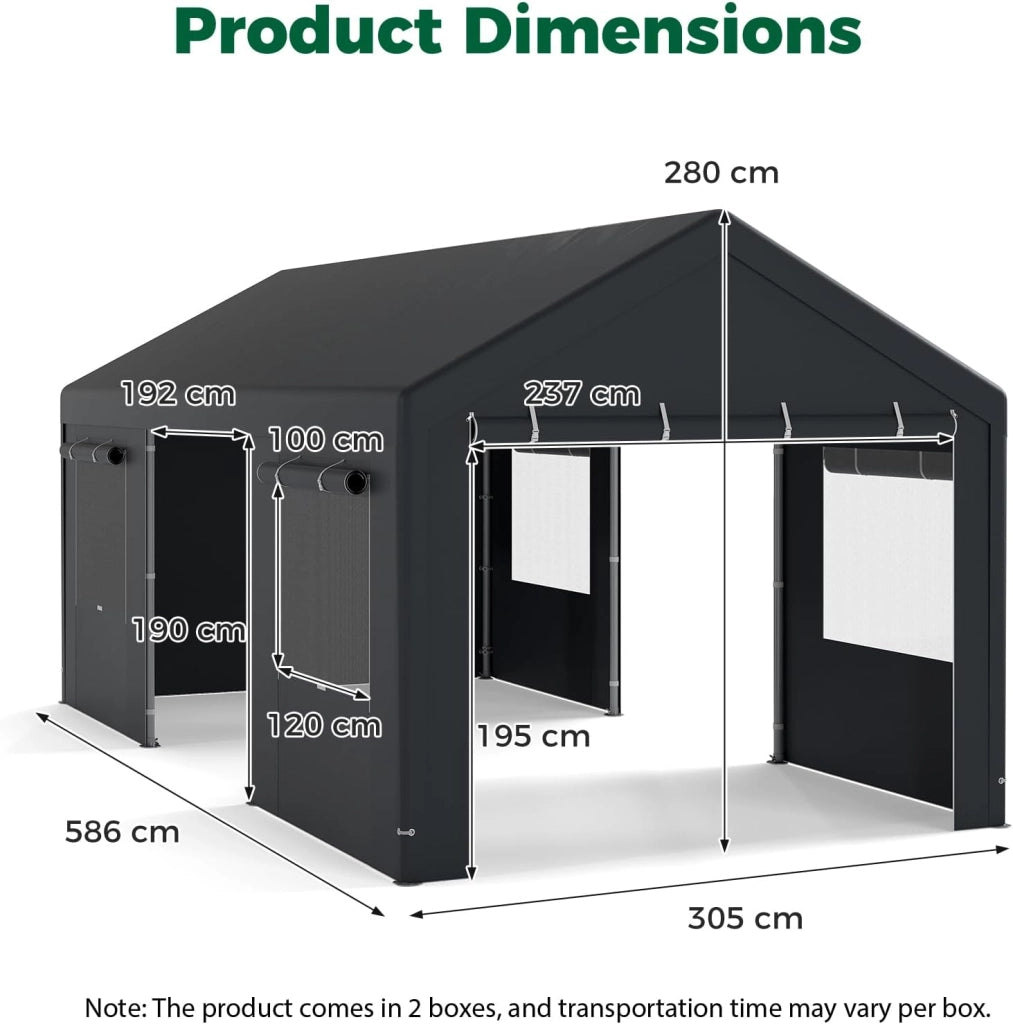 Tenda Garage Auto Esterno, Tettoia per Auto con Telaio in Metallo, Copertura in PE Resistente alle Intemperie, Capanno Giardino per Vehicolo, Bici, Moto, Attrezzi (Grigio, 305 x 586 x 280 cm)