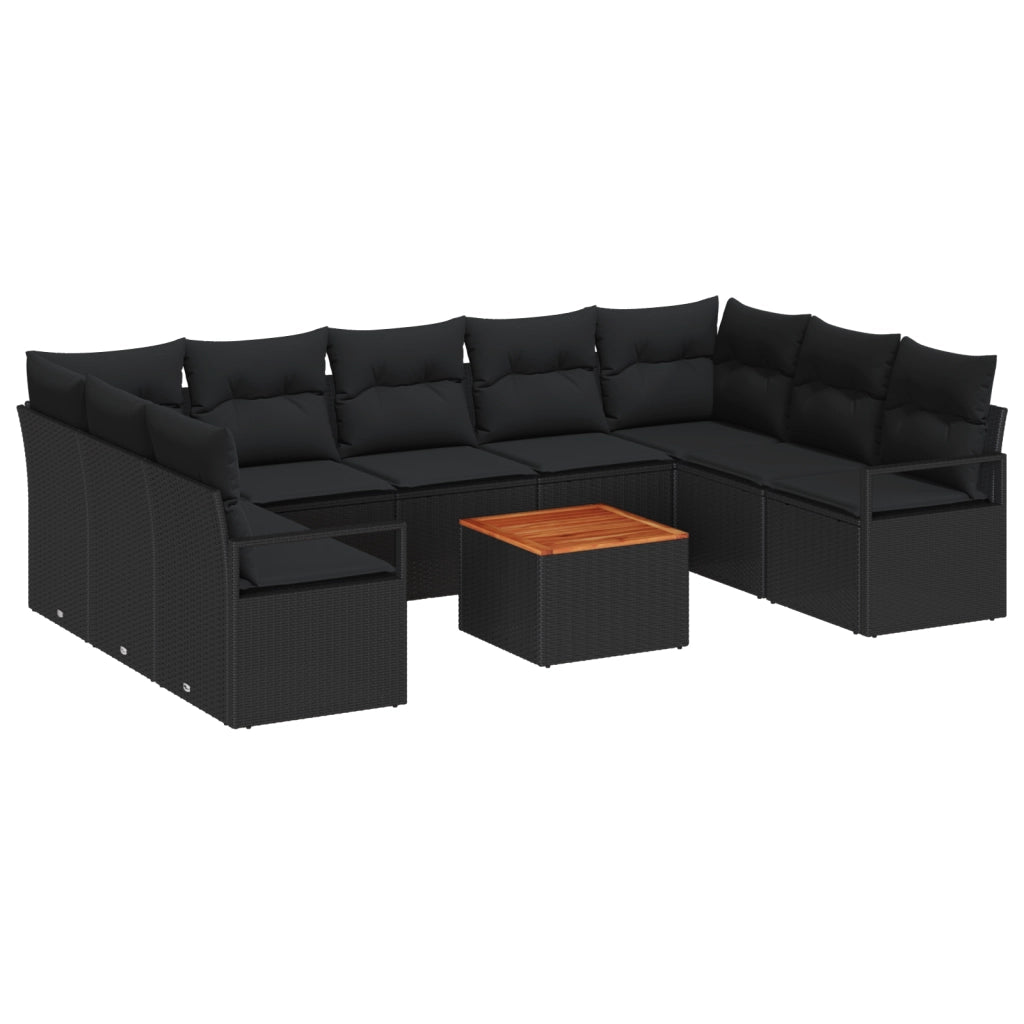 Set di Divani da Giardino  con Cuscini Neri in Polyrattan Acacia - 10 Pezzi