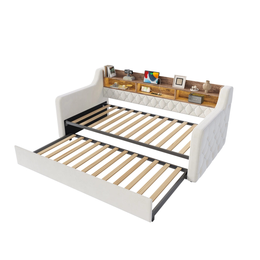 Divano letto 90x190 cm estraibile; testiera contenitore; LED; USB e Type-C in velluto beige