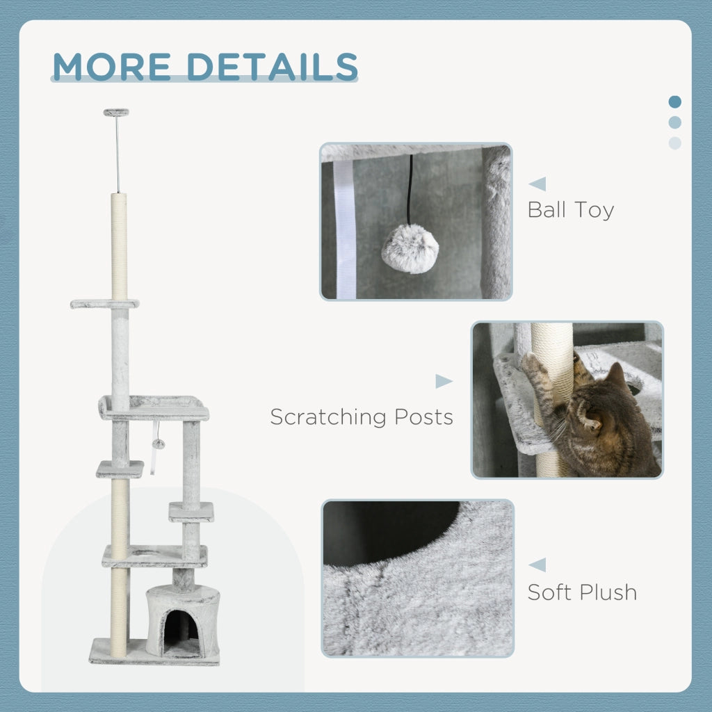 EasyComfort Albero Tiragraffi per Gatti a Soffitto con Piattaforme e Casetta, 60x40x225-255cm, Grigio