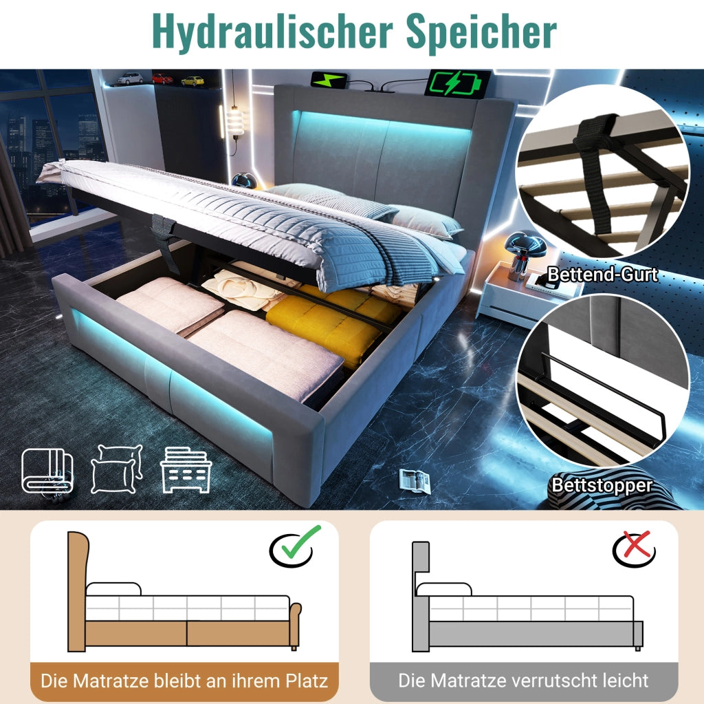 Letto singolo 90x200 cm con vano contenitore, LED e porte di ricarica