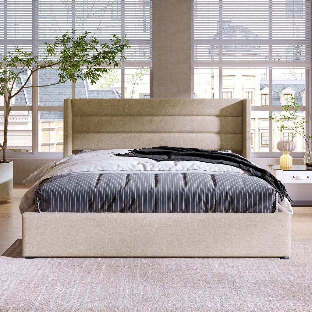 Letti contenitori 140x200 cm; apertura idraulica; lino; beige (Senza materasso)