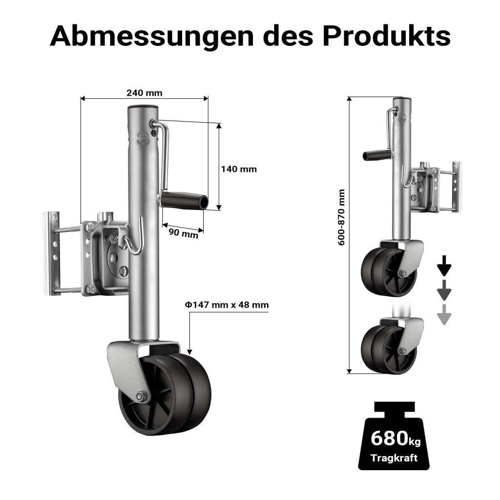 Servotimone con ruota di appoggio doppia, portata 680 kg, ruotino di appoggio per carichi pesanti, altezza max 27 cm, per rimorchi e caravan