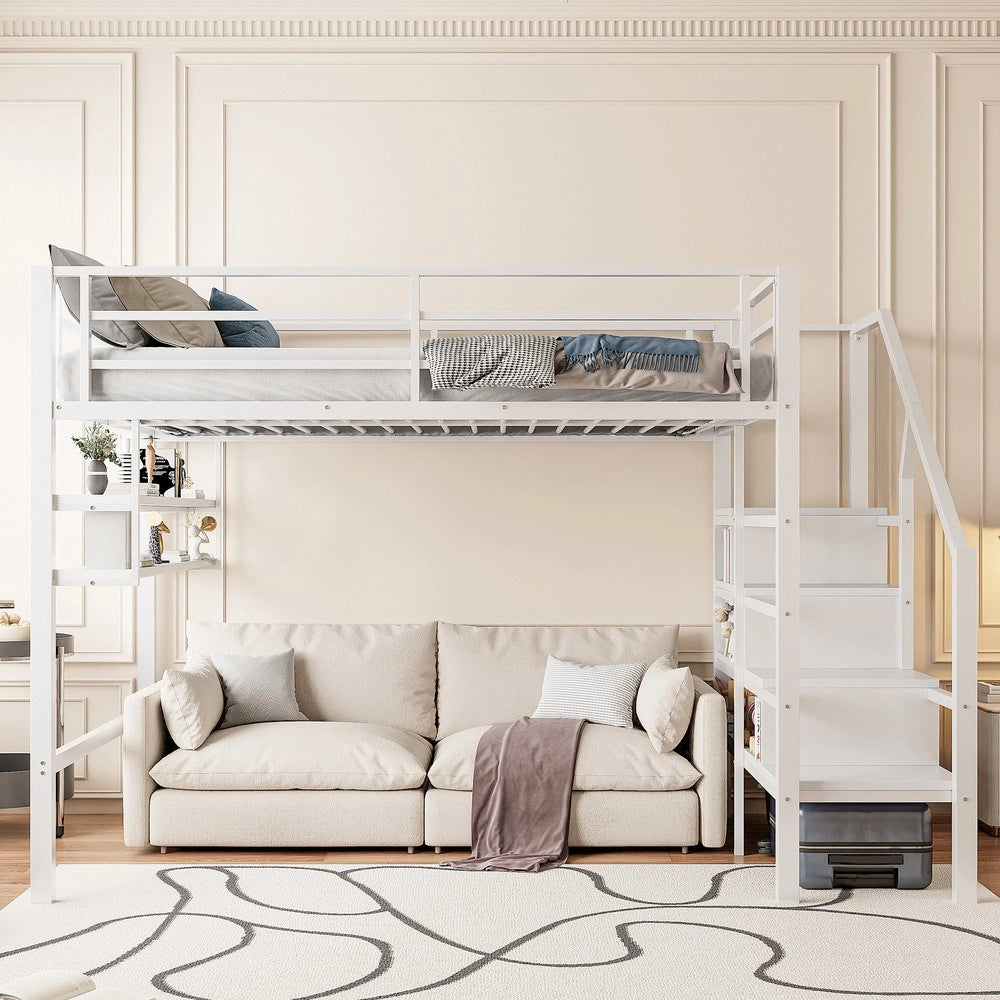 Letto a Soppalco 140x200 ¨C MINIMAL ¨C Bianco, con Scaletta Contenitore e Rete a Doghe, senza Materasso