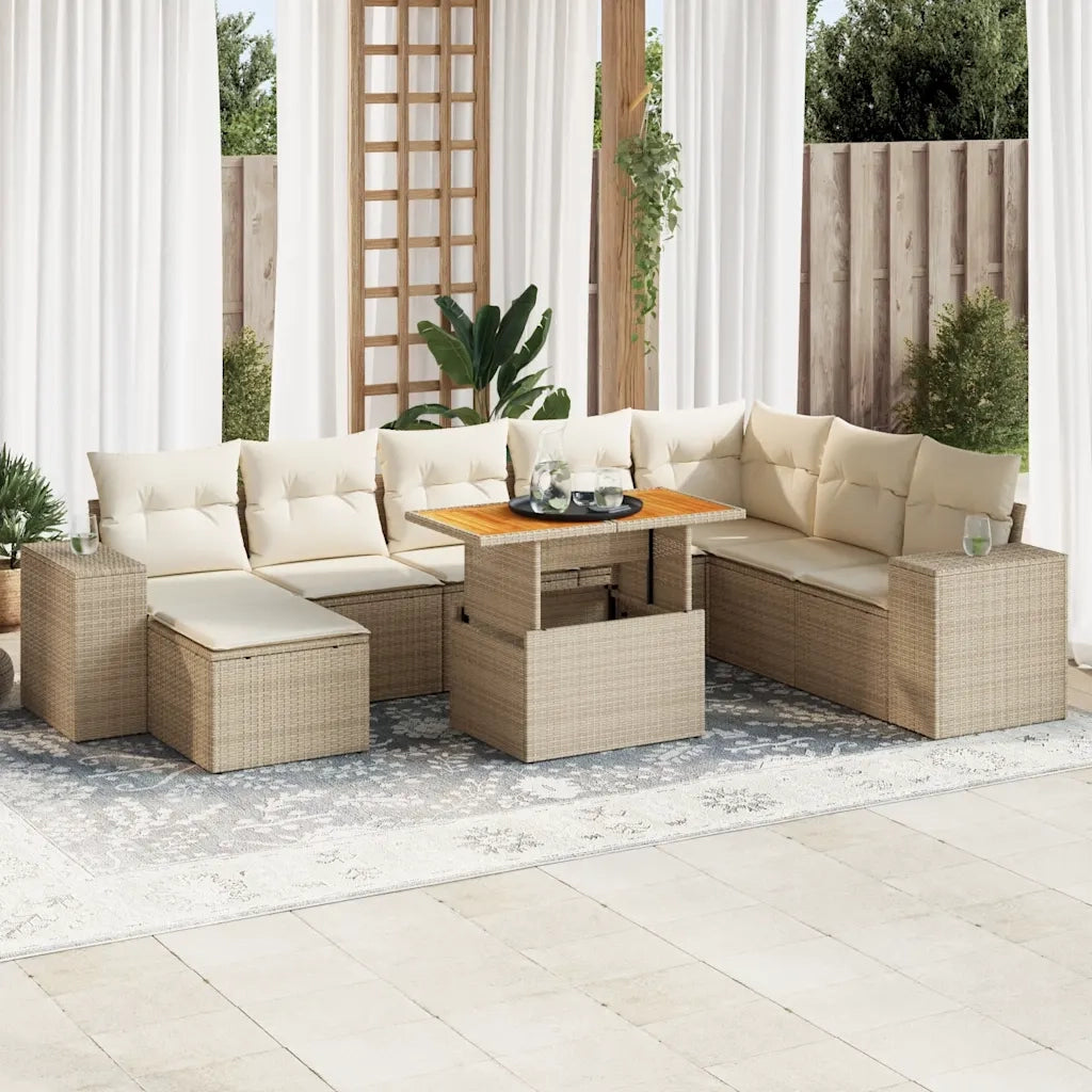 Set Divano da Giardino 9 pz con Cuscini Beige Polyrattan Acacia 3327411