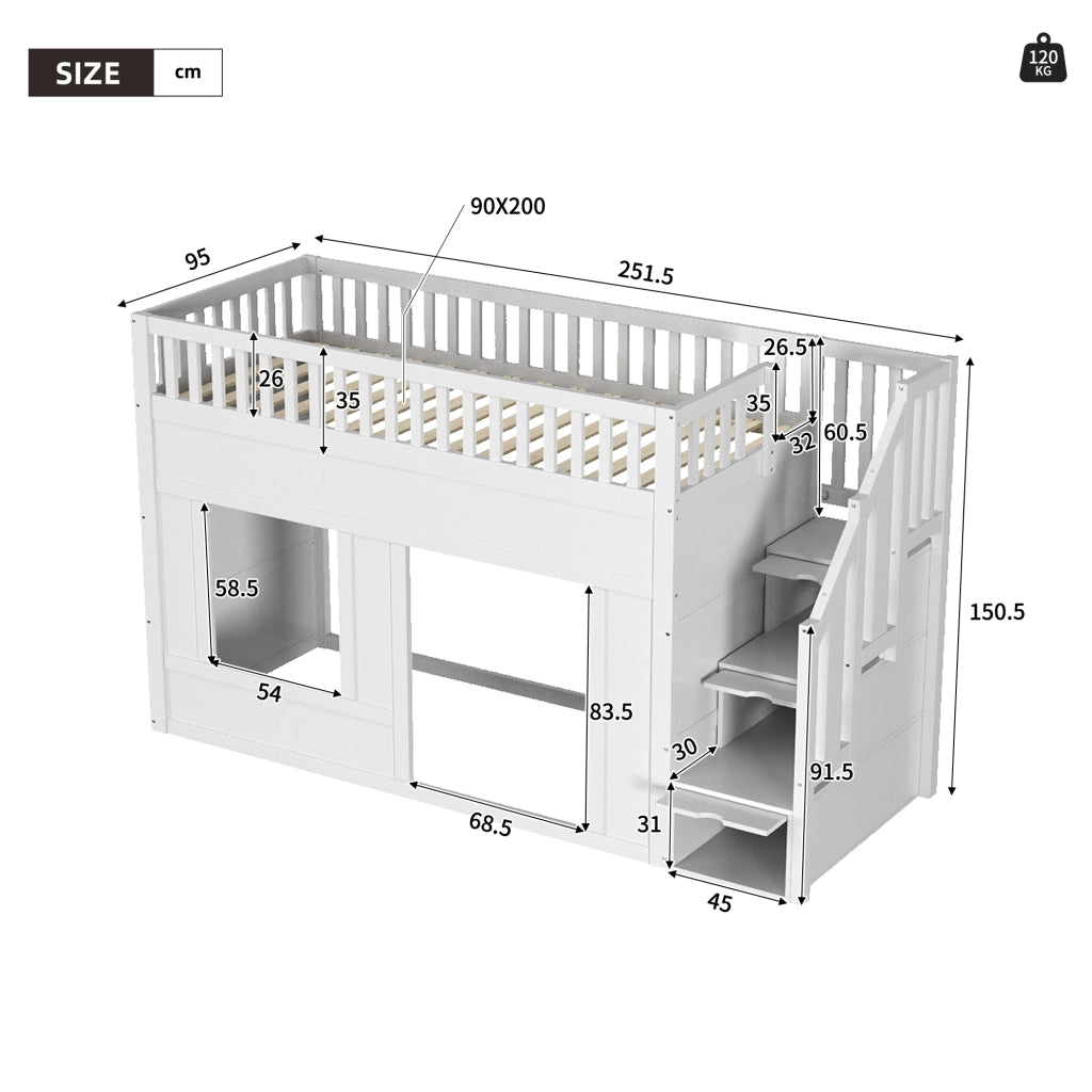 Letto a castello per bambini con scala armadio e area gioco, 90x200 cm, bianco